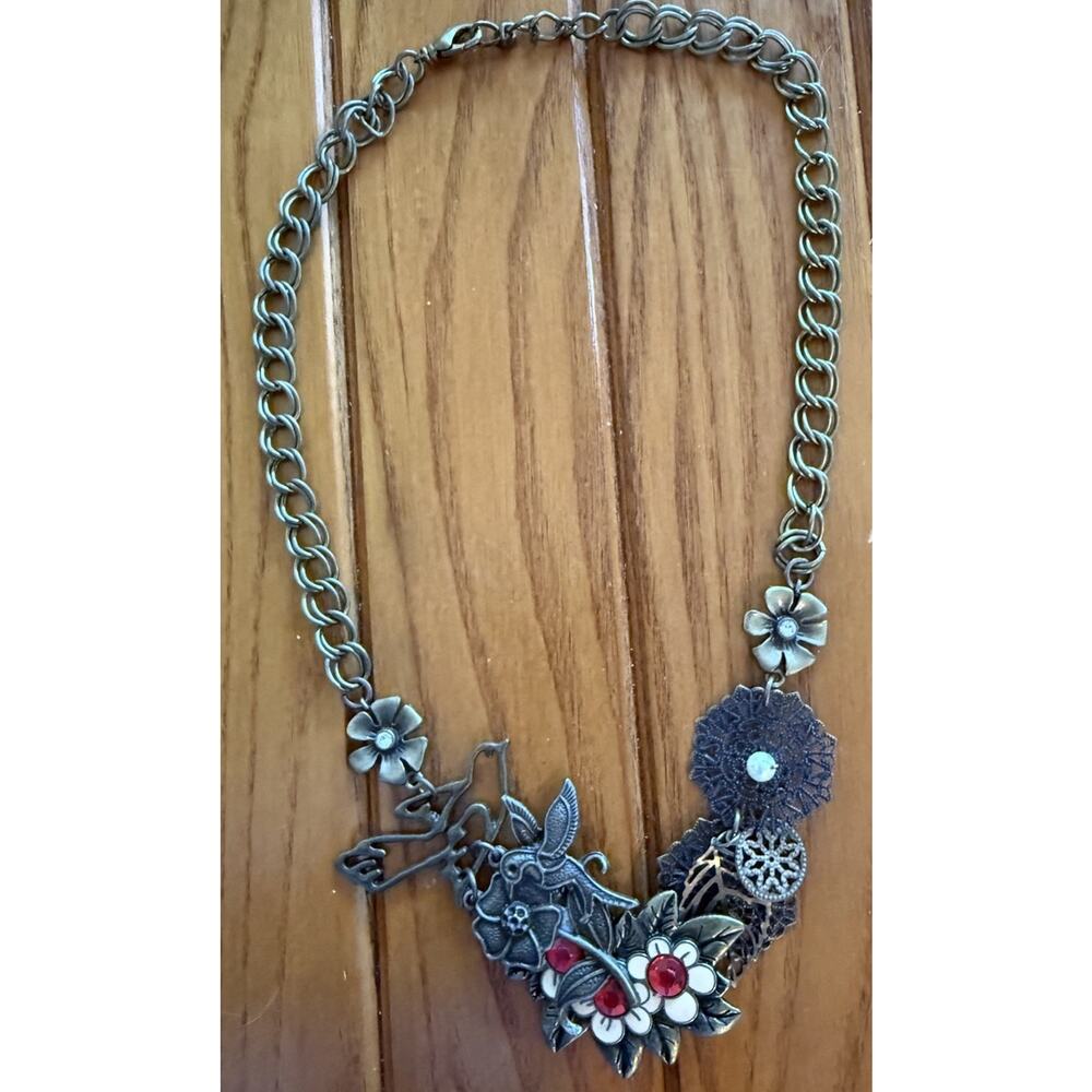 Vintage Statement Necklace Brass Tone Floral Bird Rhinestone Boho Bib Collage - Picture 7 of 10